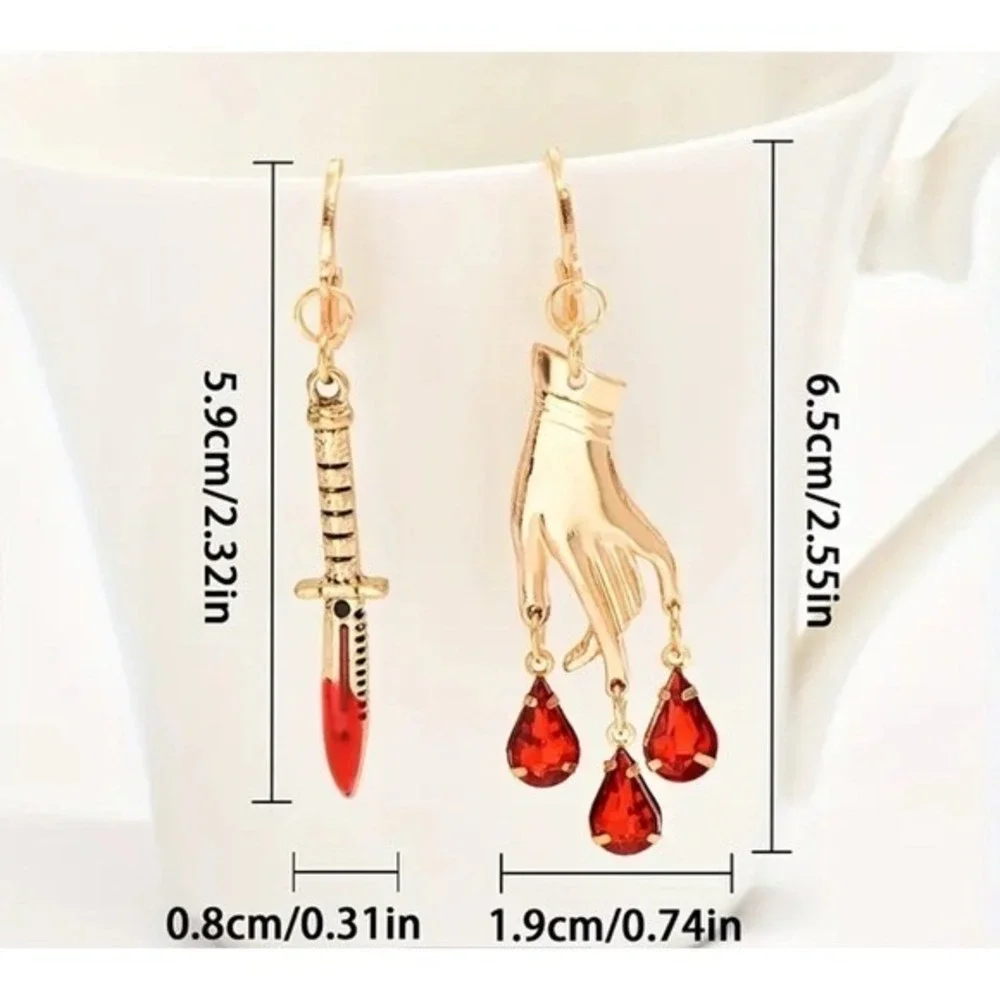 Gothic Sword & Hand Earrings – Red Crystal Asymmetrical Statement Dangle Jewelry